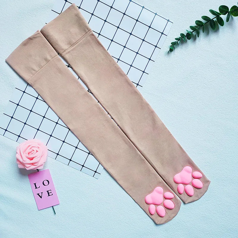 Kitty Paw Print Thigh High Socks